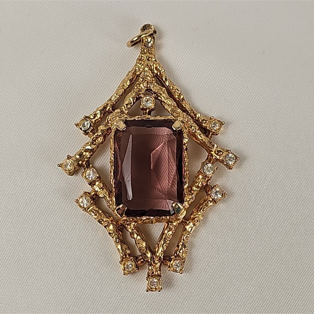 Vintage 1973 Sarah Coventry Twilight Statement Pendant Purple Glass Gold Tone